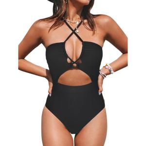 CUPSHE Women’s One Piece Swimsuit Plunge Neckline Cutout Criss Cross Bathing Suit(Black)