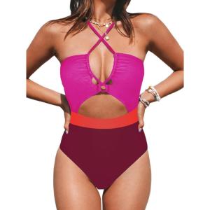 CUPSHE Women’s One Piece Swimsuit Plunge Neckline Cutout Criss Cross Bathing Suit(Magenta)