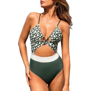 CUPSHE Women’s One Piece Swimsuit Plunge Neckline Cutout Criss Cross Bathing Suit(Olive Green/White Polka Dots)