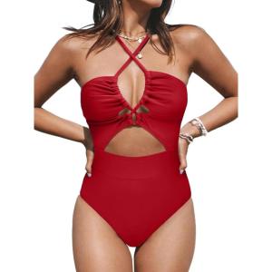 CUPSHE Women’s One Piece Swimsuit Plunge Neckline Cutout Criss Cross Bathing Suit(Red)