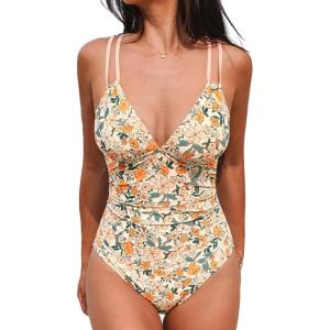 CUPSHE Women’s One Piece Swimsuit V Neck Tummy Control Double Adjustable Straps Back Cutout O-Ring(Orange/Yellow Floral)