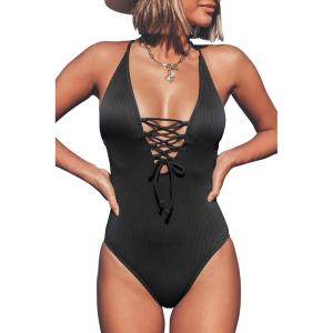 CUPSHE Women’s Solid Color V Neck Lace Up One Piece Swimsuit(Black)