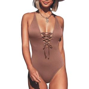 CUPSHE Women’s Solid Color V Neck Lace Up One Piece Swimsuit(Caramel)