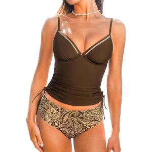 CUPSHE Women’s Tankini Sets Diamond V Neck Underwire Cutouts Two Piece Swimsuit Adjustable Straps Drawstrings Swimwear(Brown/Tropical)