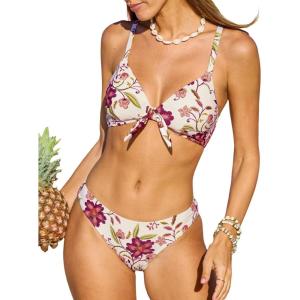 CUPSHE Women’s Two Piece Bikini Set Floral Print Knot Bunny Tie(Beige/Magenta Floral)