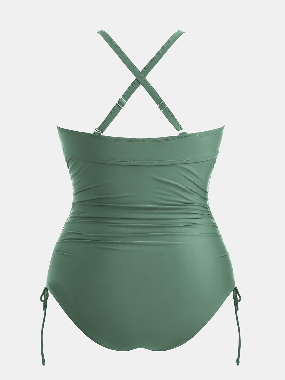 imageCUPSHE Plus Size Womens One Piece Bathing Suit Scoop Neck Swimsuit Cutouts Side Drawstring Adjustable StrapsSage Green