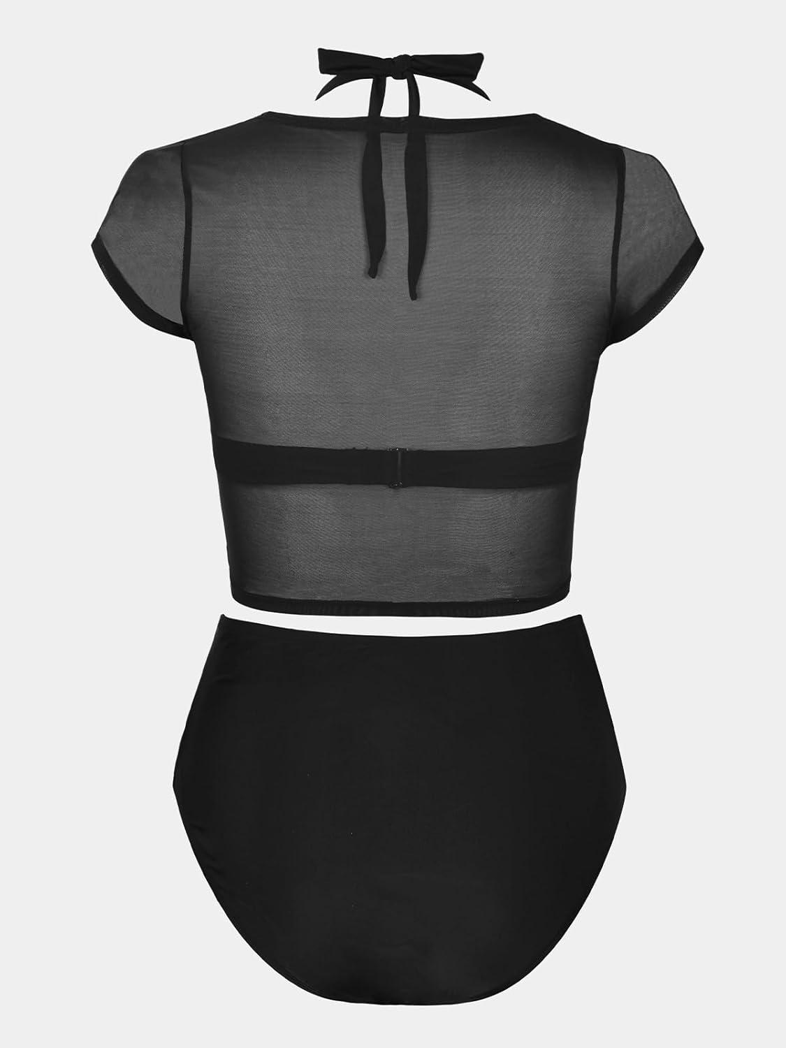 imageCUPSHE Women Swimsuit Plus Size Bikini Set Three Piece High Waisted Sheer Mesh Top Halter Ruched BottomBlack
