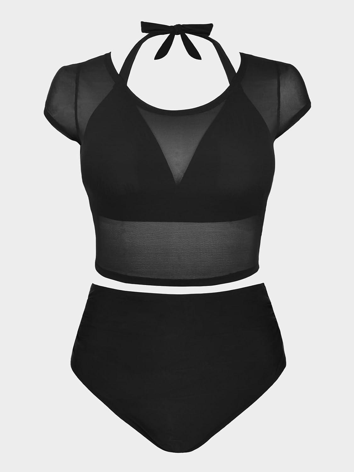 imageCUPSHE Women Swimsuit Plus Size Bikini Set Three Piece High Waisted Sheer Mesh Top Halter Ruched BottomBlack