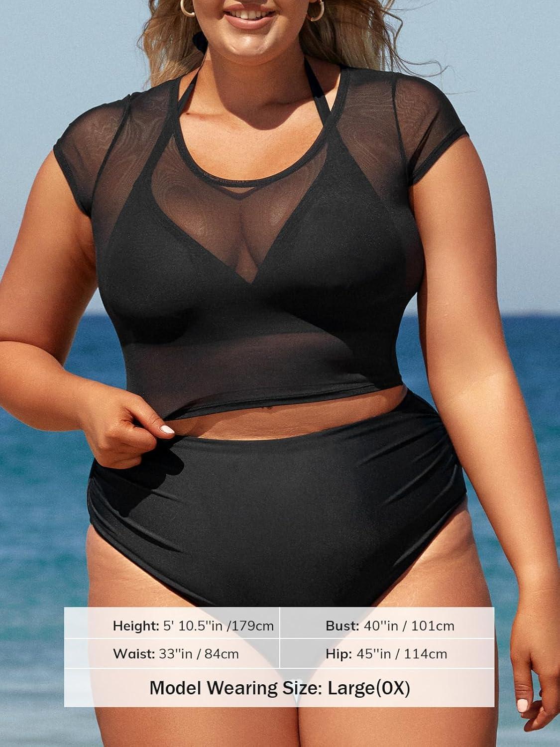 imageCUPSHE Women Swimsuit Plus Size Bikini Set Three Piece High Waisted Sheer Mesh Top Halter Ruched BottomBlack