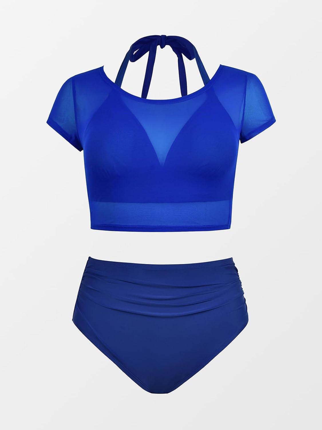 imageCUPSHE Women Swimsuit Plus Size Bikini Set Three Piece High Waisted Sheer Mesh Top Halter Ruched BottomBlue