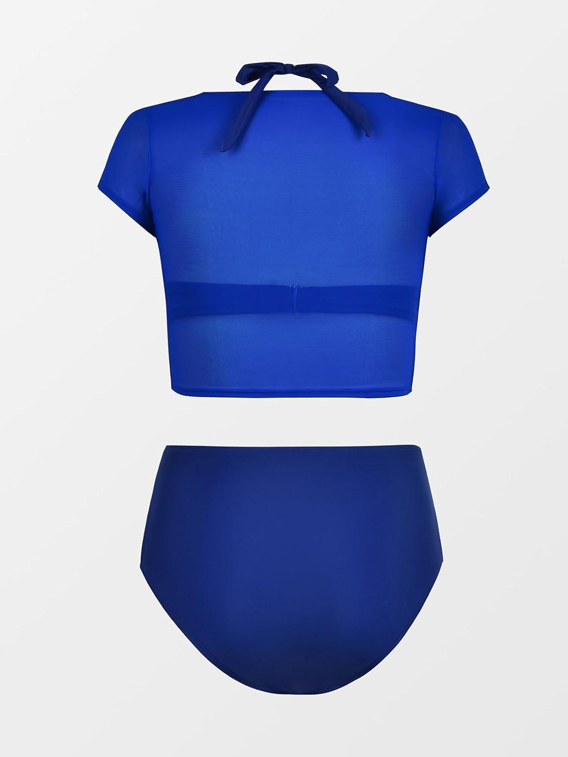 imageCUPSHE Women Swimsuit Plus Size Bikini Set Three Piece High Waisted Sheer Mesh Top Halter Ruched BottomBlue