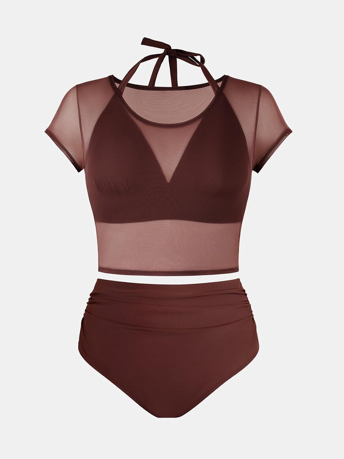 imageCUPSHE Women Swimsuit Plus Size Bikini Set Three Piece High Waisted Sheer Mesh Top Halter Ruched BottomBrown