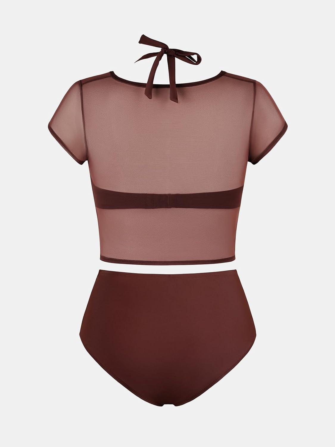 imageCUPSHE Women Swimsuit Plus Size Bikini Set Three Piece High Waisted Sheer Mesh Top Halter Ruched BottomBrown