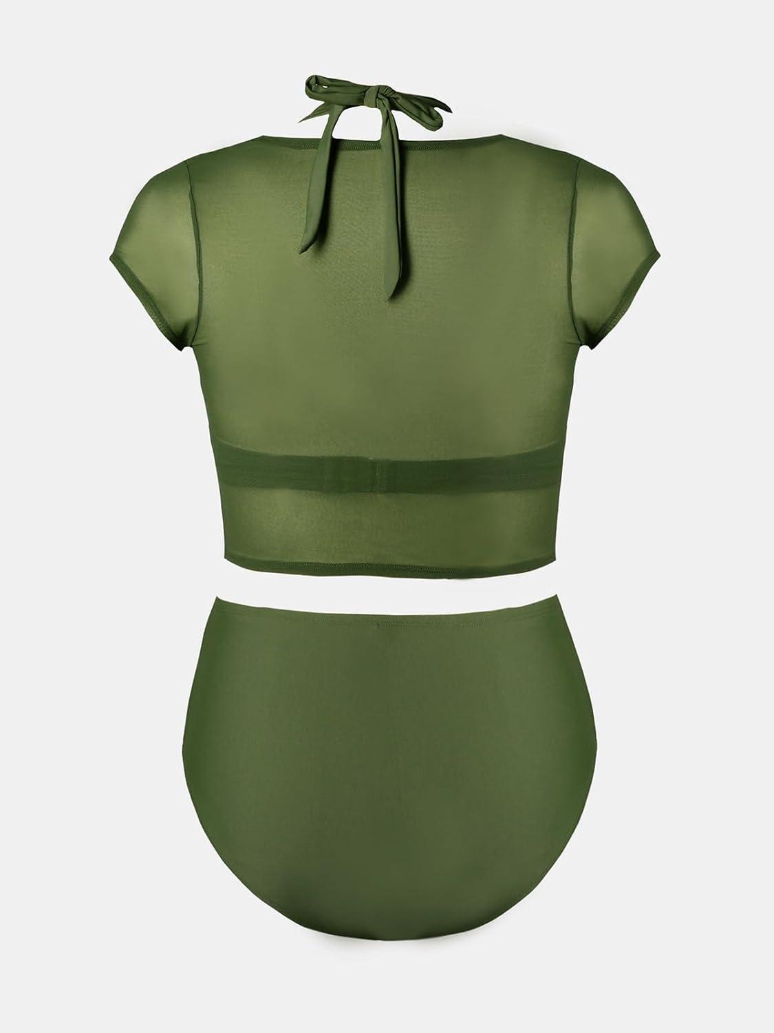 imageCUPSHE Women Swimsuit Plus Size Bikini Set Three Piece High Waisted Sheer Mesh Top Halter Ruched BottomForest Green