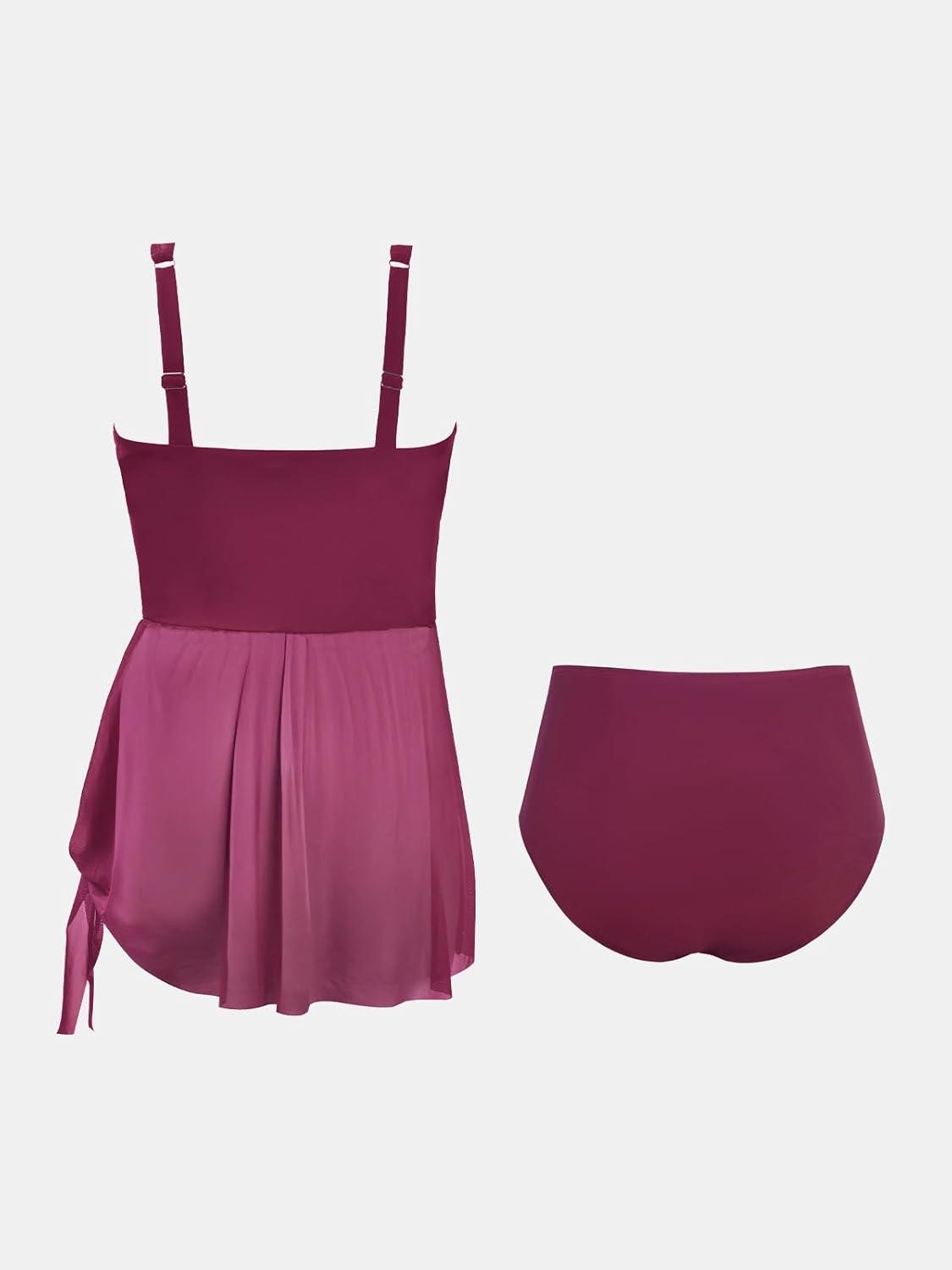 imageCUPSHE Women Tankini Sets Plus Size Two Piece Swimsuit High Waisted V Neck Mesh Ruched Self Tie Swim DressPurple Red