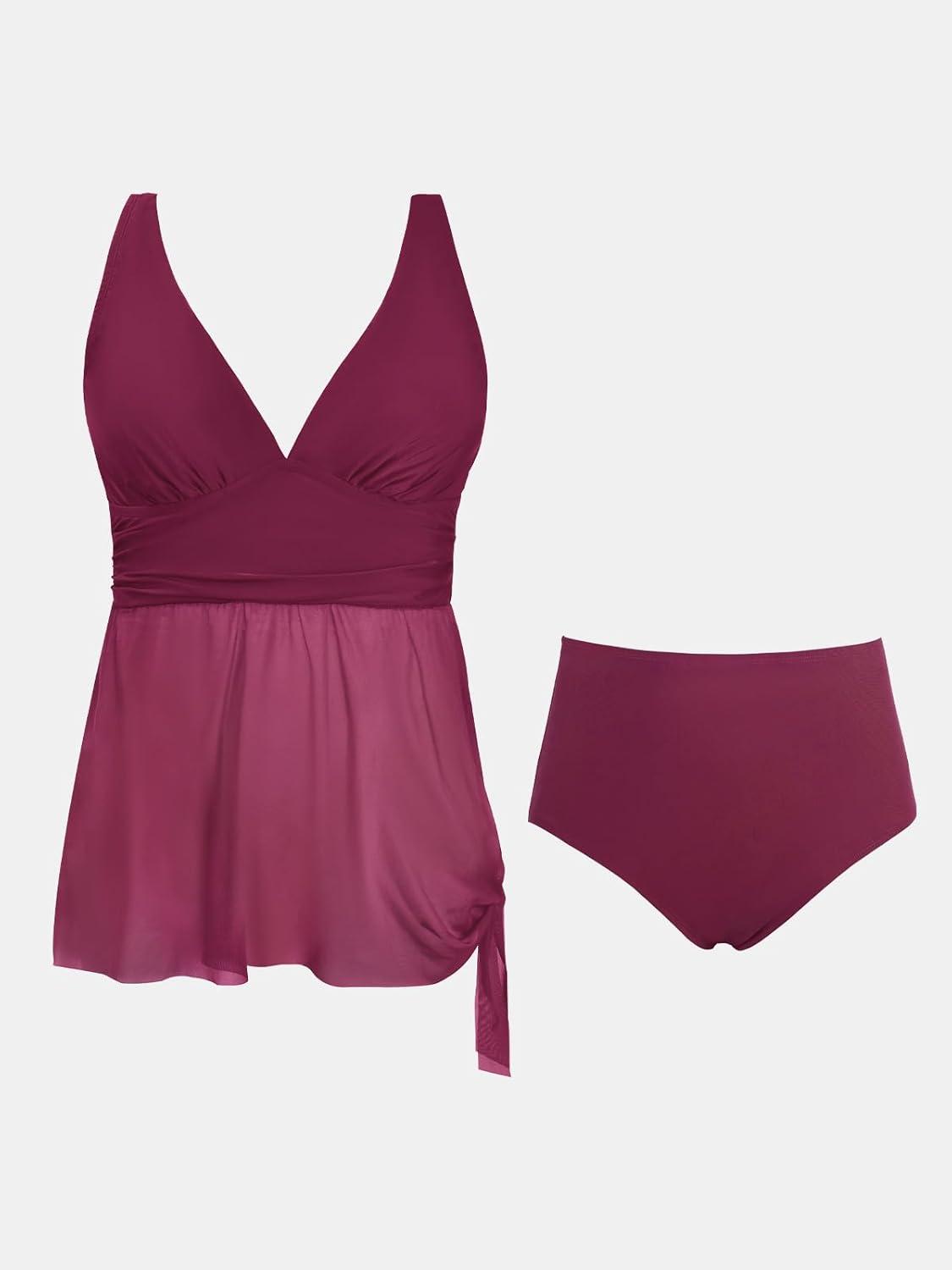 imageCUPSHE Women Tankini Sets Plus Size Two Piece Swimsuit High Waisted V Neck Mesh Ruched Self Tie Swim DressPurple Red