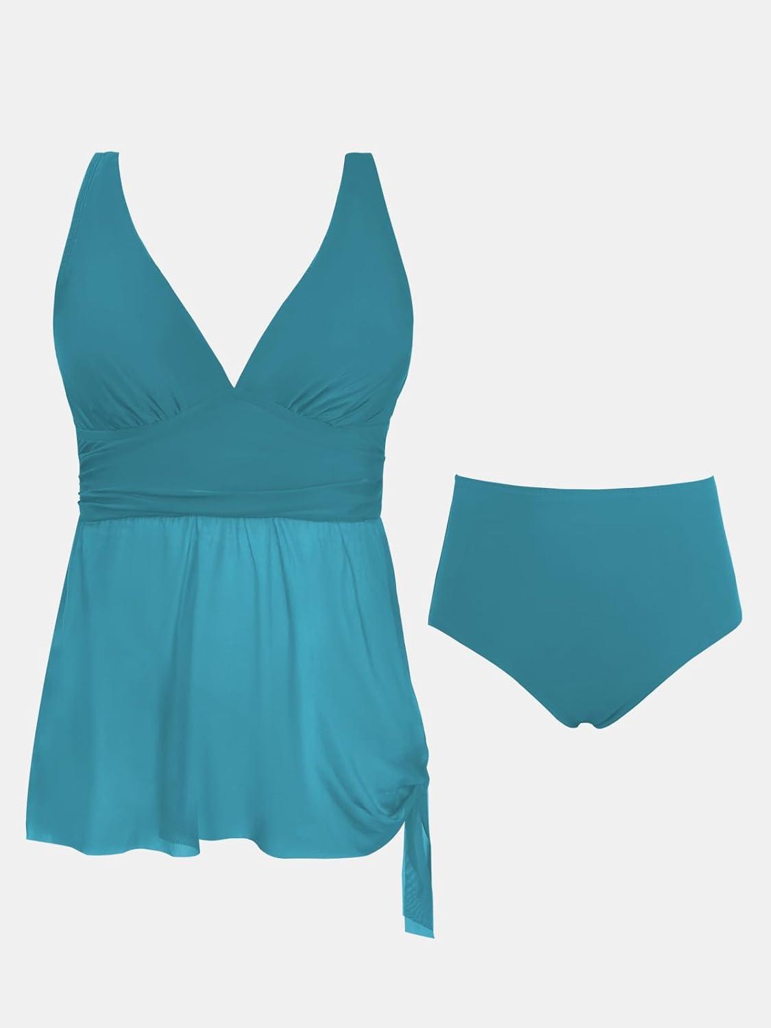 imageCUPSHE Women Tankini Sets Plus Size Two Piece Swimsuit High Waisted V Neck Mesh Ruched Self Tie Swim DressTeal