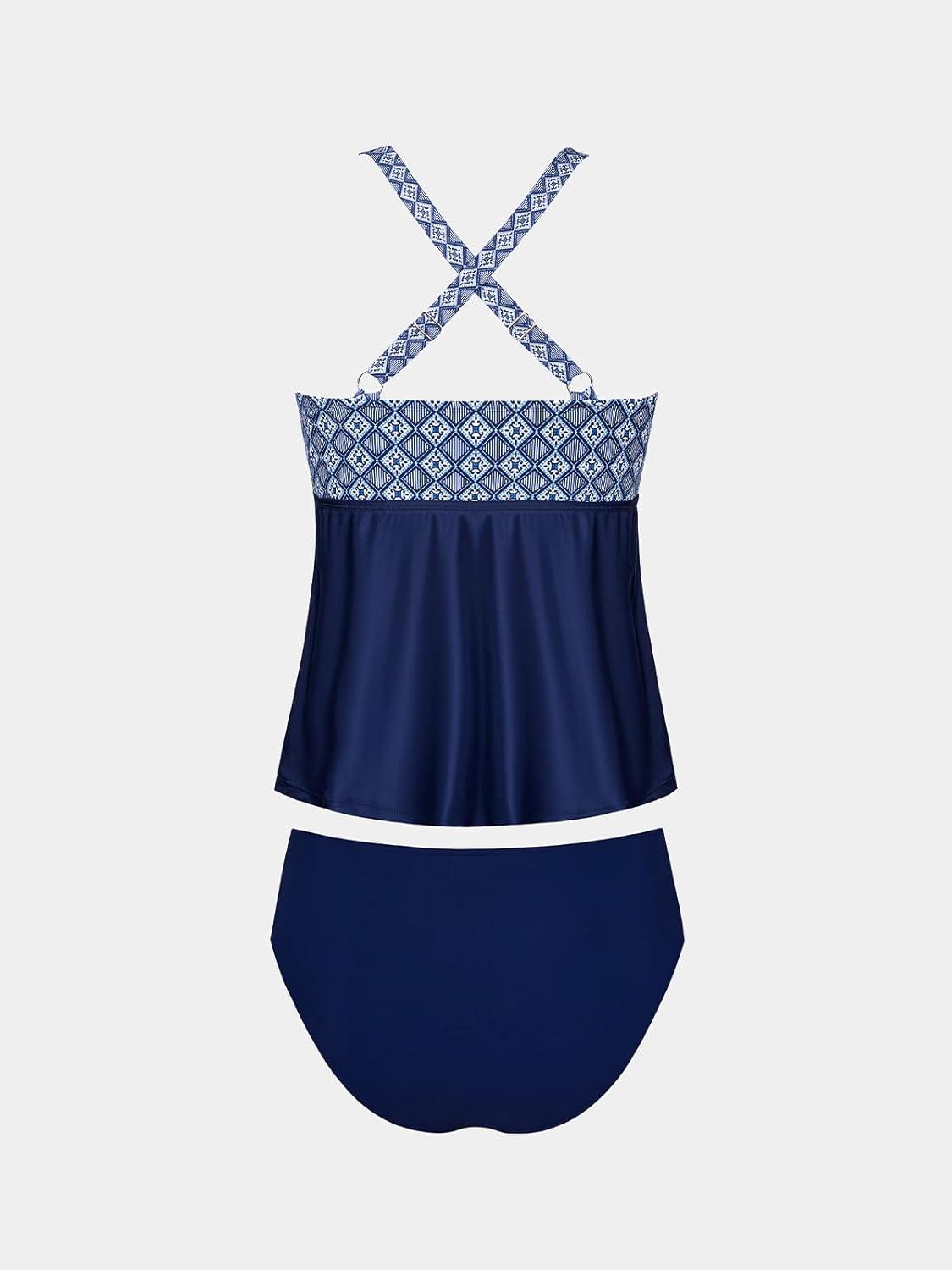 imageCUPSHE Women Tankini Sets Plus Size Two Piece Swimsuit V Neck Mid Rise Crisscross Back Tie O RingNavy BlueRetro Print