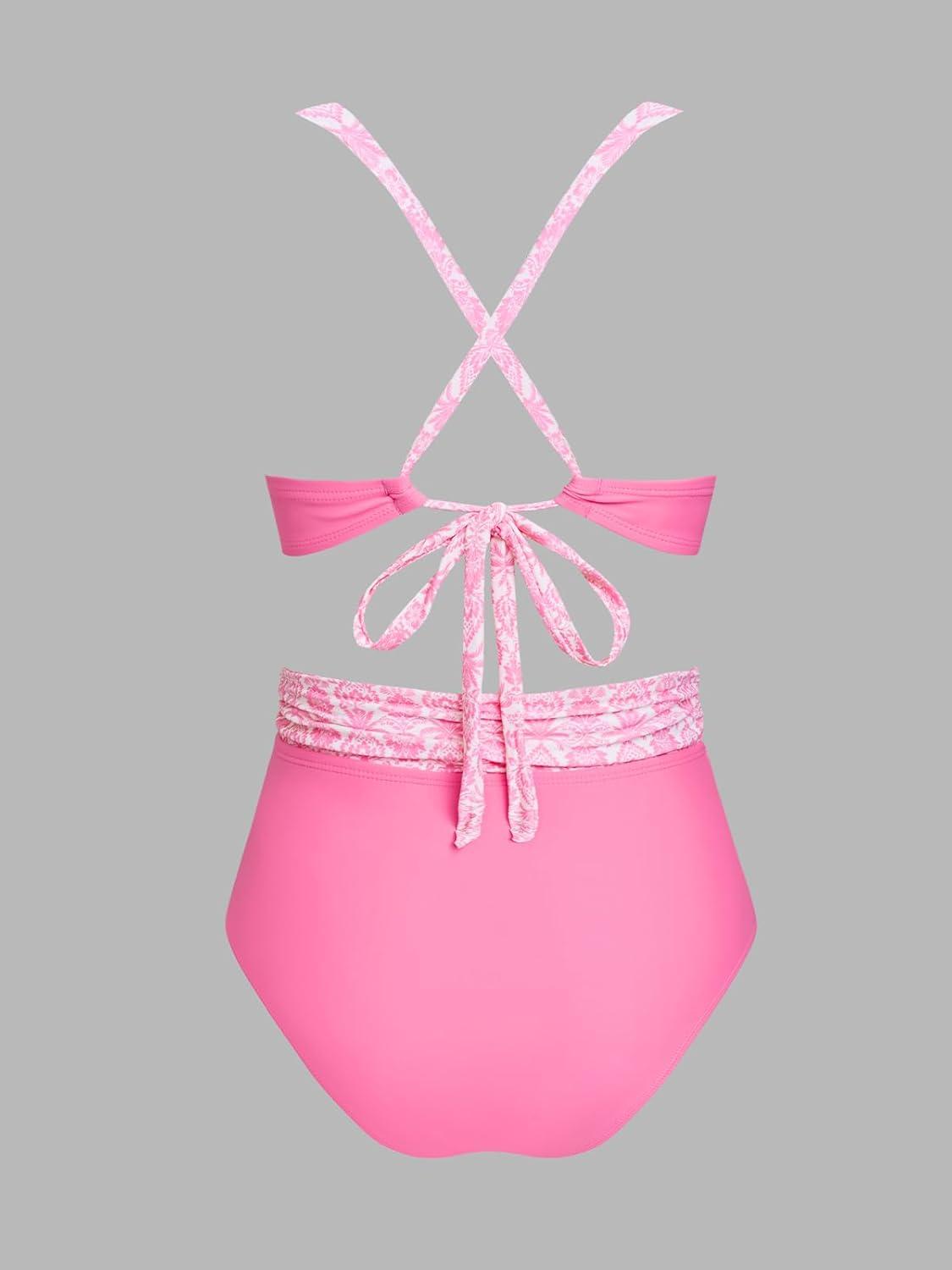 imageCUPSHE Womens Bikini Set High Waisted Tummy Control Bathing Suit Crisscross Back Self Tie Full Coverage Swimwear RuchedRose PinkFloral