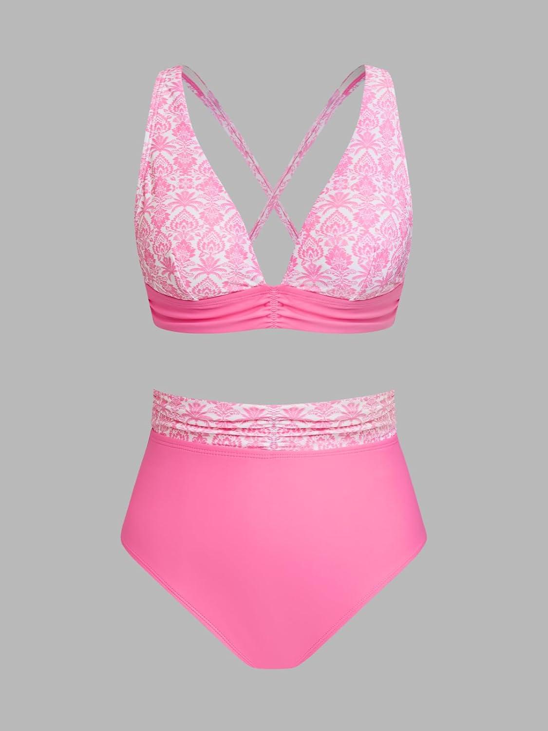 imageCUPSHE Womens Bikini Set High Waisted Tummy Control Bathing Suit Crisscross Back Self Tie Full Coverage Swimwear RuchedRose PinkFloral