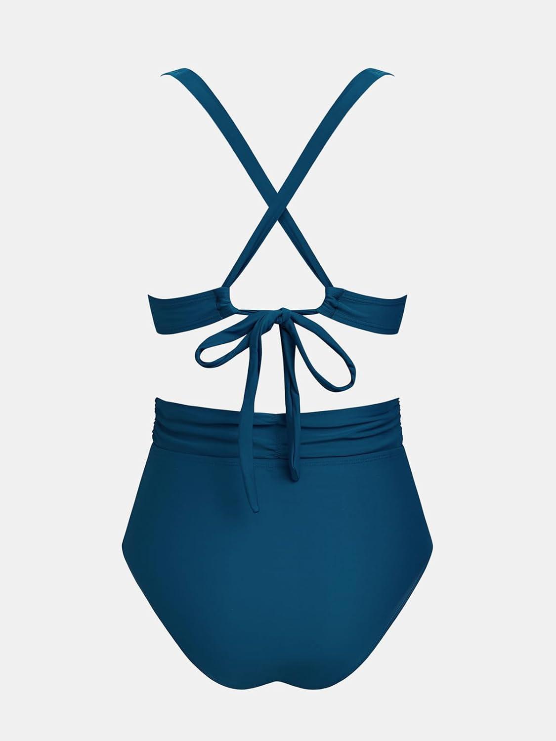 imageCUPSHE Womens Bikini Set High Waisted Tummy Control Bathing Suit Crisscross Back Self Tie Full Coverage Swimwear RuchedTeal Blue