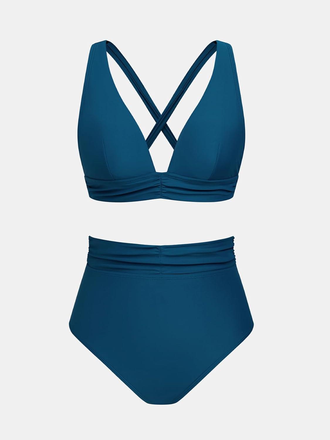 imageCUPSHE Womens Bikini Set High Waisted Tummy Control Bathing Suit Crisscross Back Self Tie Full Coverage Swimwear RuchedTeal Blue