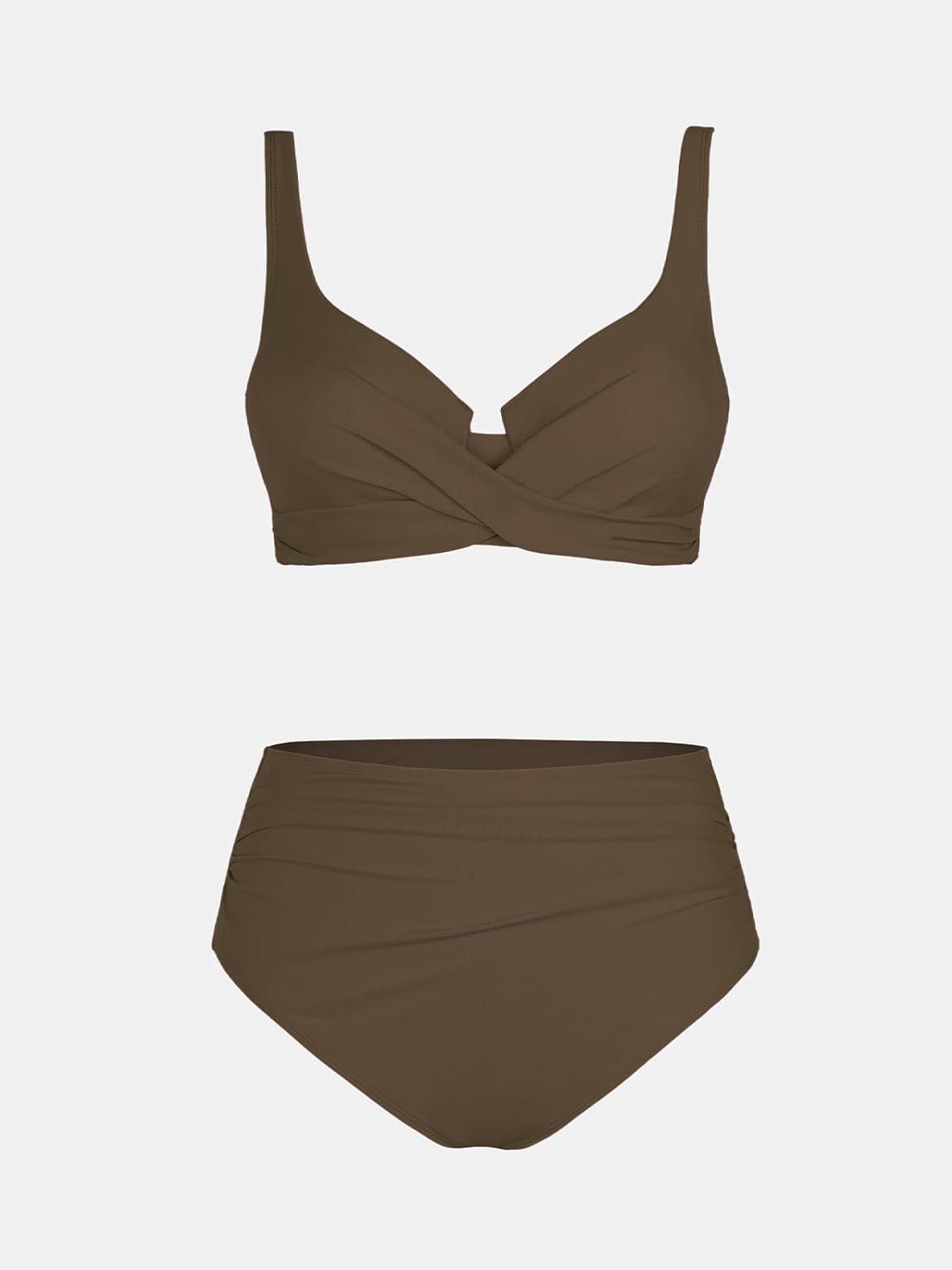 imageCUPSHE Womens Bikini Sets High Waisted Swimsuit Underwire Adjustable Straps Twisted Hook Full Coverage BottomChocolate Brown