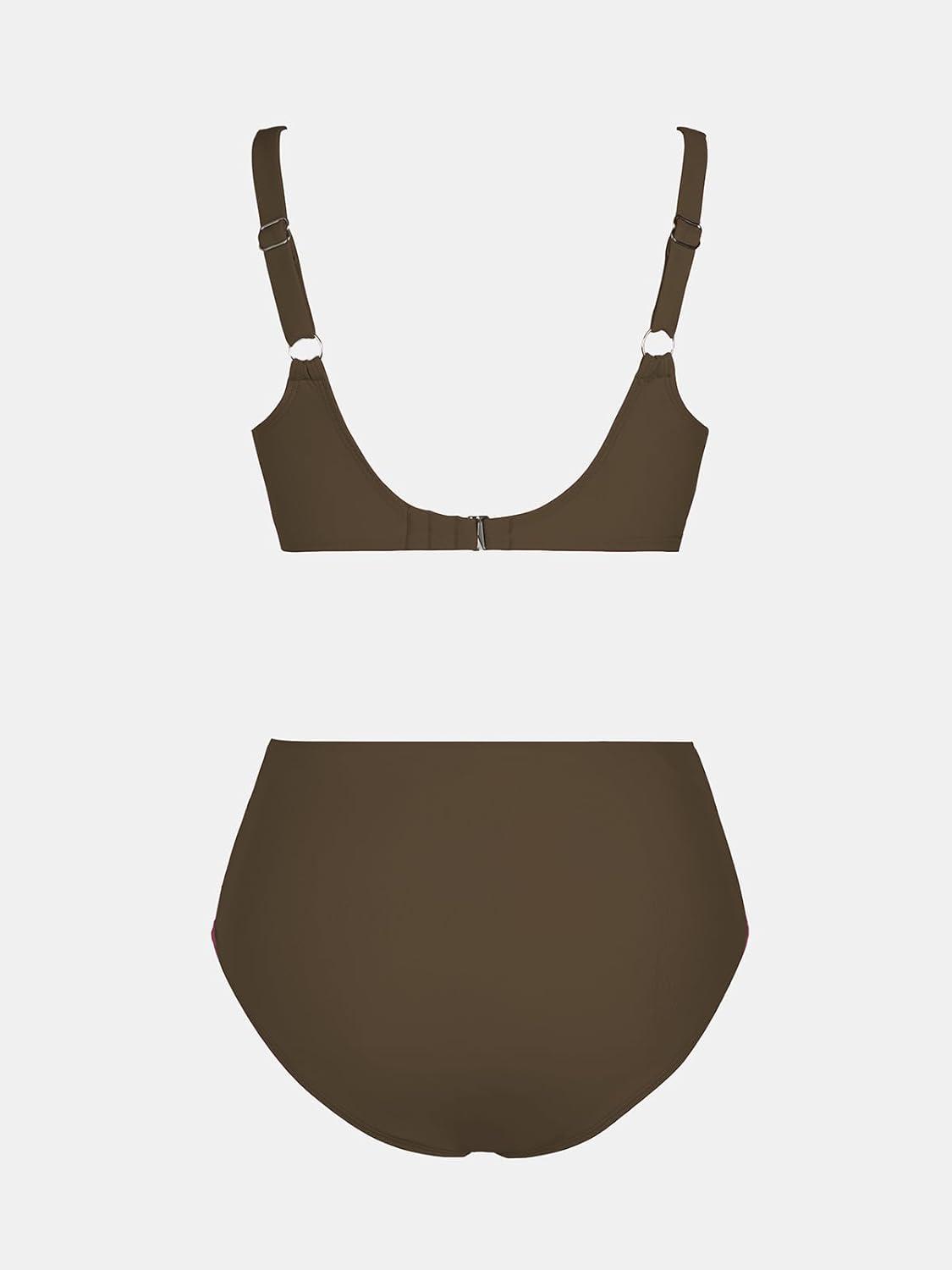 imageCUPSHE Womens Bikini Sets High Waisted Swimsuit Underwire Adjustable Straps Twisted Hook Full Coverage BottomChocolate Brown
