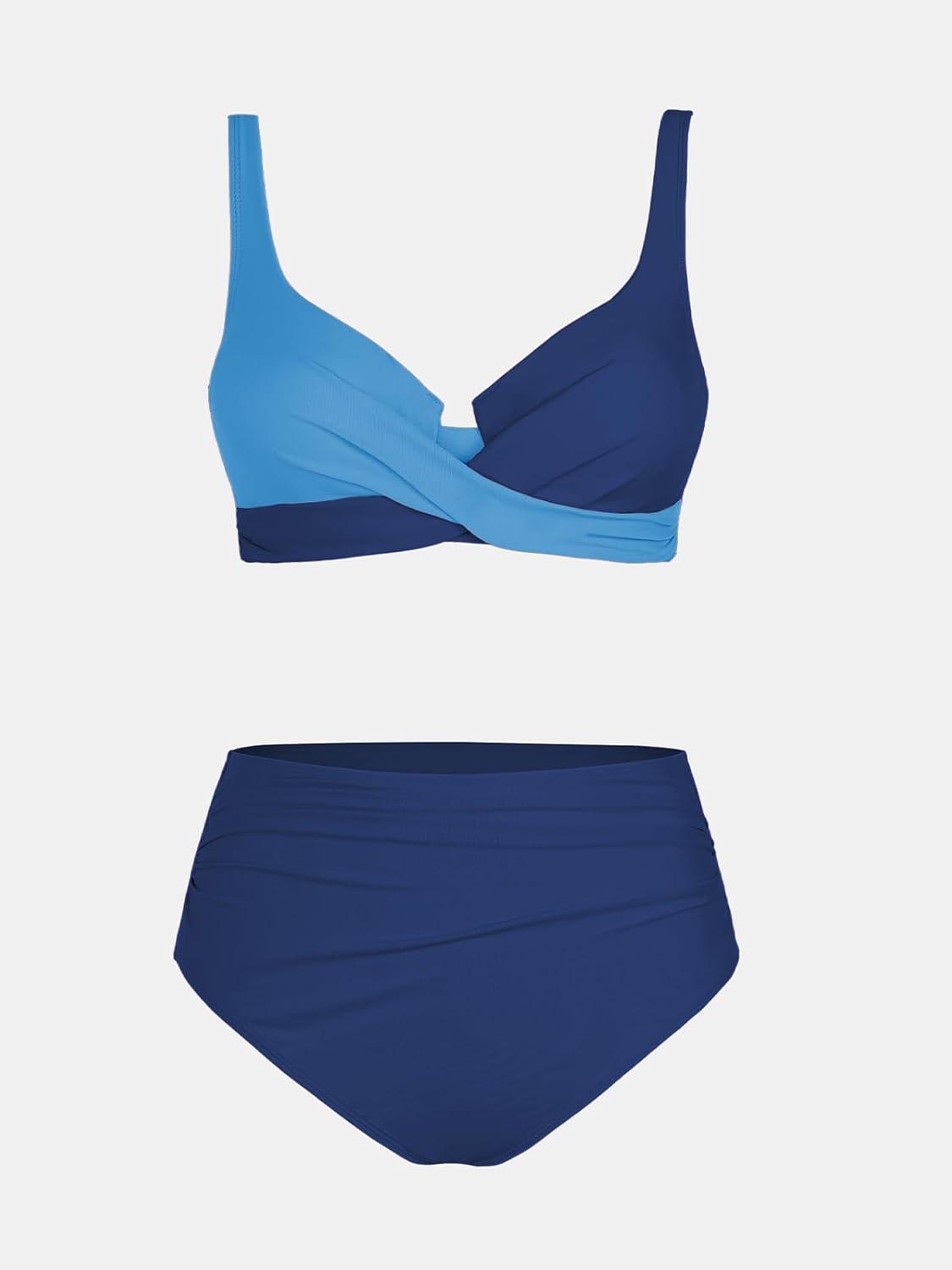 imageCUPSHE Womens Bikini Sets High Waisted Swimsuit Underwire Adjustable Straps Twisted Hook Full Coverage BottomLight BlueDark Blue