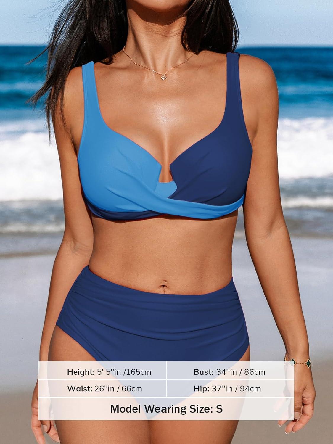 imageCUPSHE Womens Bikini Sets High Waisted Swimsuit Underwire Adjustable Straps Twisted Hook Full Coverage BottomLight BlueDark Blue