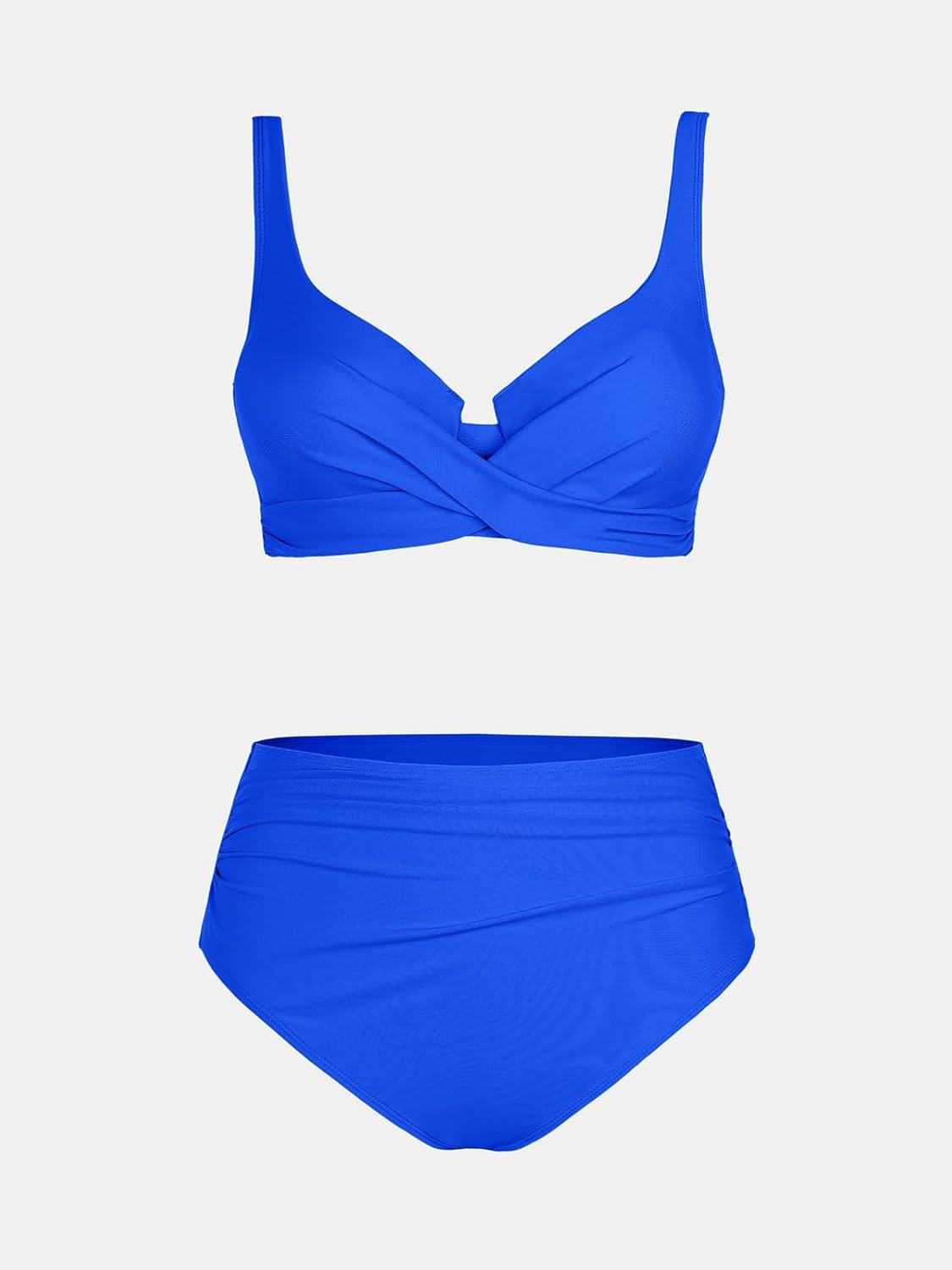 imageCUPSHE Womens Bikini Sets High Waisted Swimsuit Underwire Adjustable Straps Twisted Hook Full Coverage BottomRoyal Blue