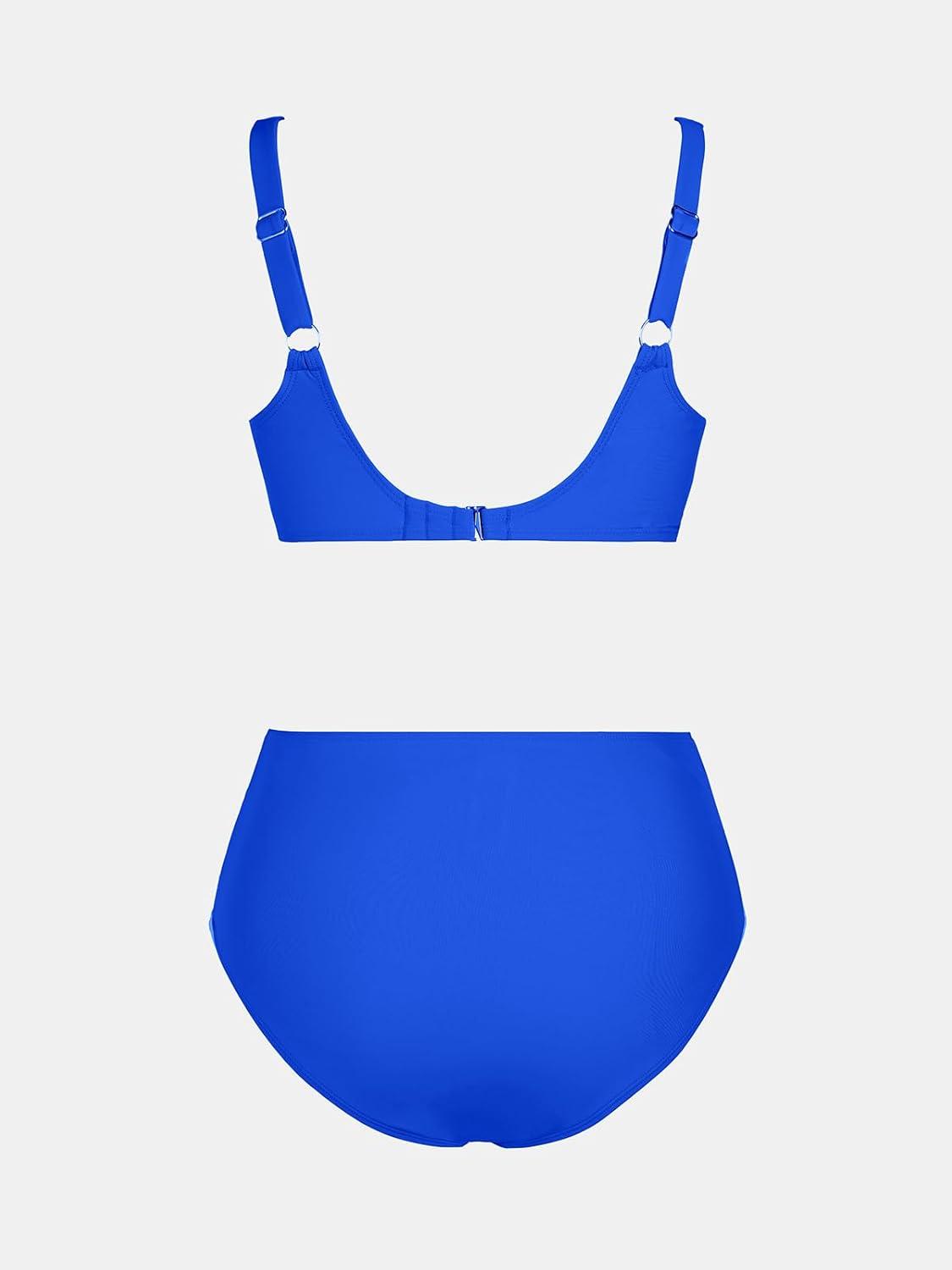 imageCUPSHE Womens Bikini Sets High Waisted Swimsuit Underwire Adjustable Straps Twisted Hook Full Coverage BottomRoyal Blue