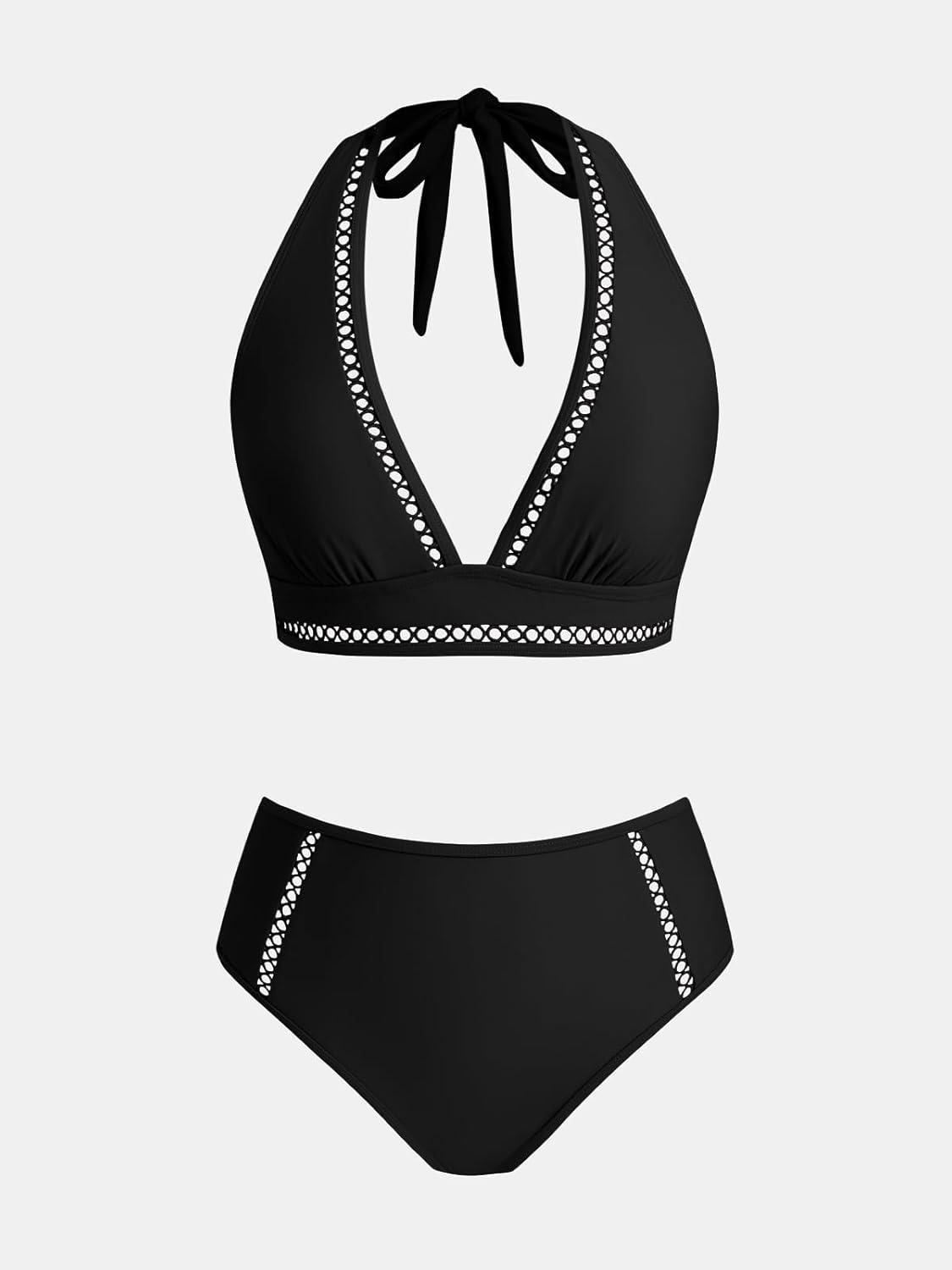 imageCUPSHE Womens Bikini Sets High Waisted Two Piece Swimsuit V Neck Halter Strap Bathing Suit Cutouts Back HookBlack
