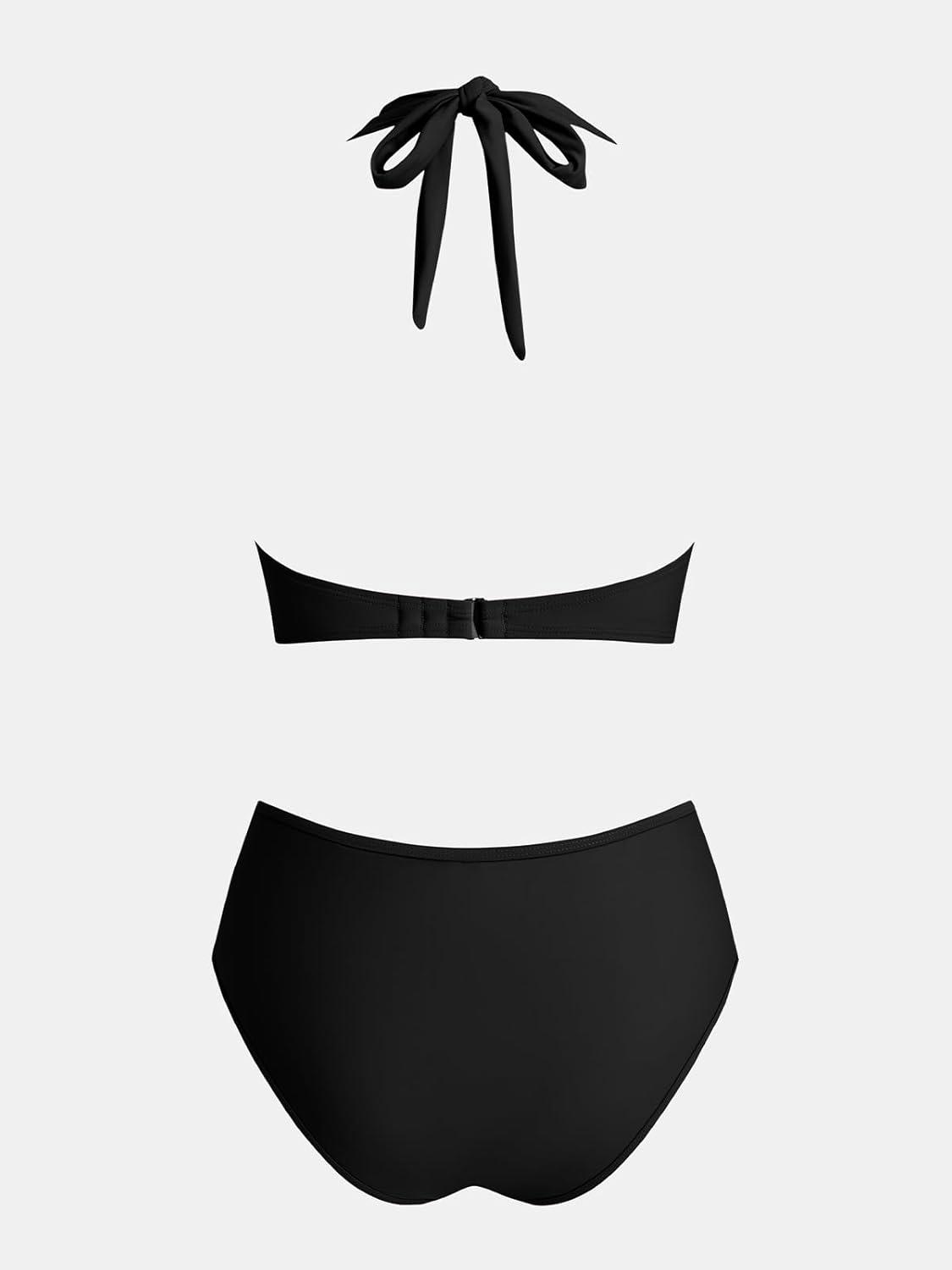 imageCUPSHE Womens Bikini Sets High Waisted Two Piece Swimsuit V Neck Halter Strap Bathing Suit Cutouts Back HookBlack