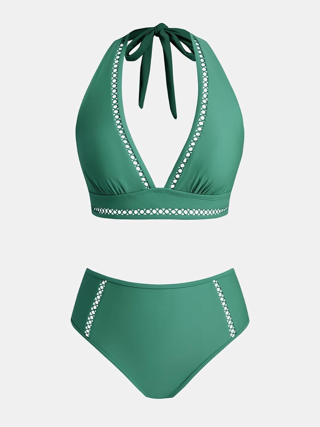 imageCUPSHE Womens Bikini Sets High Waisted Two Piece Swimsuit V Neck Halter Strap Bathing Suit Cutouts Back HookDeep Teal
