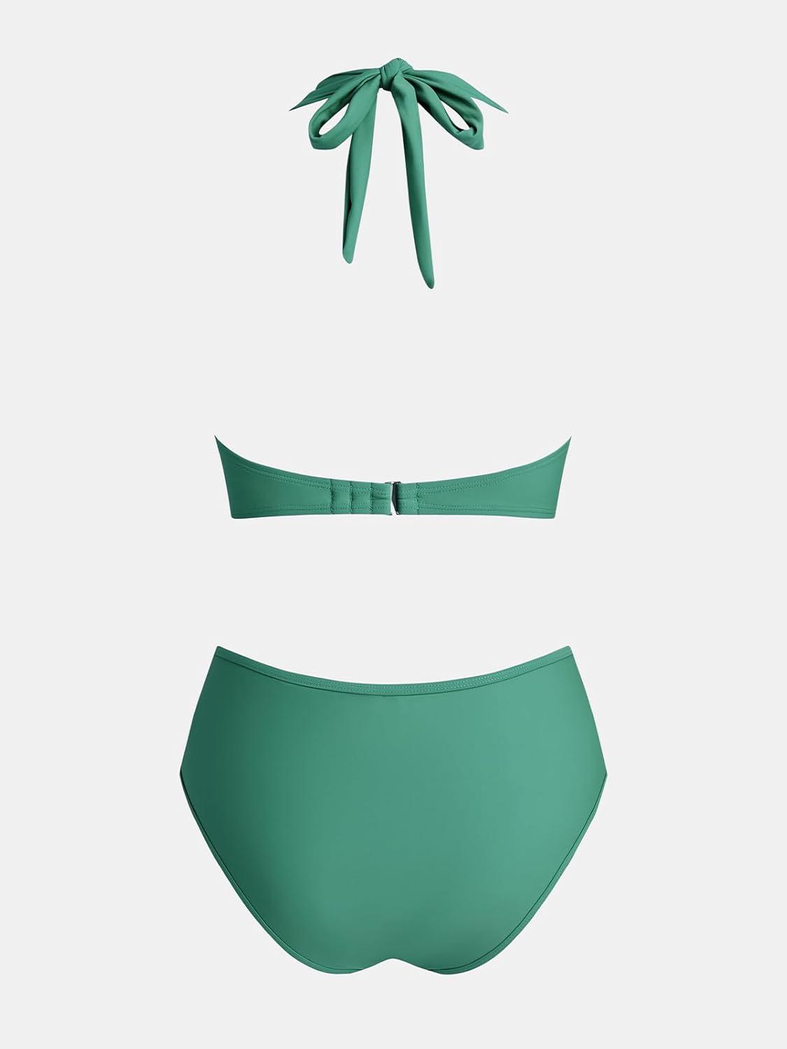 imageCUPSHE Womens Bikini Sets High Waisted Two Piece Swimsuit V Neck Halter Strap Bathing Suit Cutouts Back HookDeep Teal