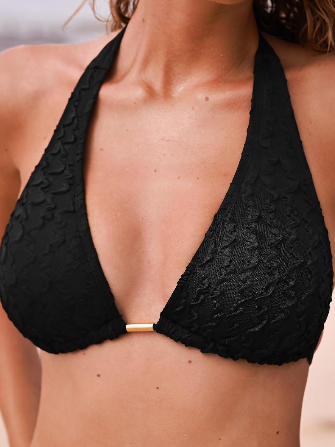 imageCUPSHE Womens Bikini Sets Three Piece Swimsuit V Neck Textured Halter Back Self Tie Twist Sarong Low RiseBlack