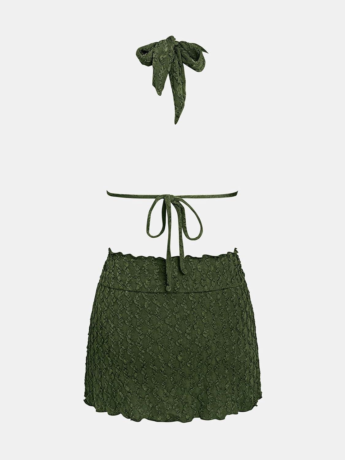 imageCUPSHE Womens Bikini Sets Three Piece Swimsuit V Neck Textured Halter Back Self Tie Twist Sarong Low RiseDeep Green