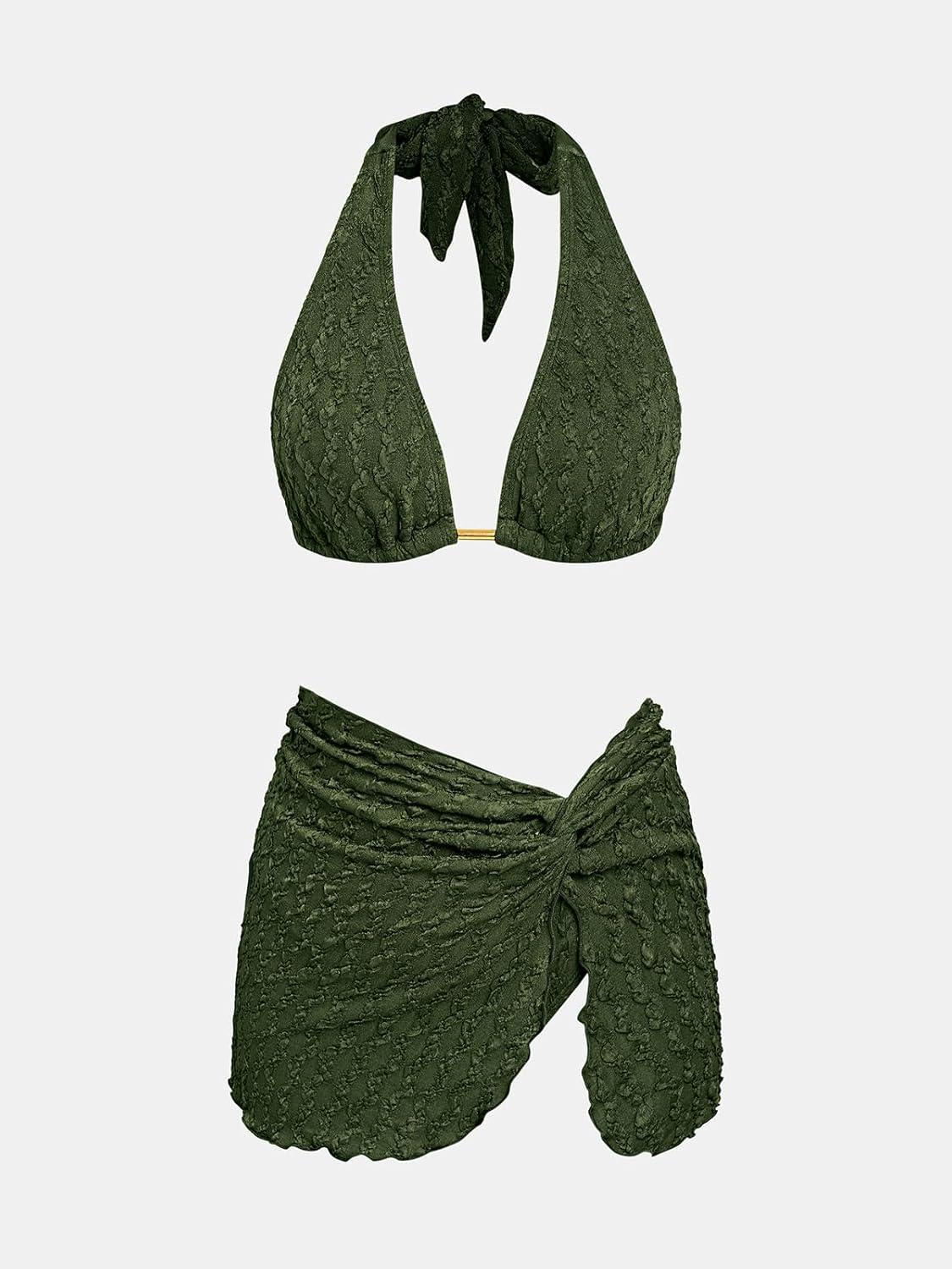 imageCUPSHE Womens Bikini Sets Three Piece Swimsuit V Neck Textured Halter Back Self Tie Twist Sarong Low RiseDeep Green