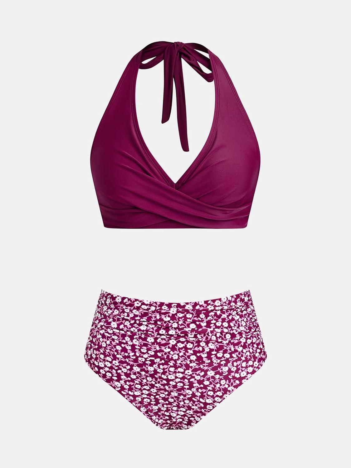 imageCUPSHE Womens Bikini Sets Two Piece Bathing Suit High Waisted V Neck Halter Front Twist Back Hook TexturedDeep Plum PurpleDitsy