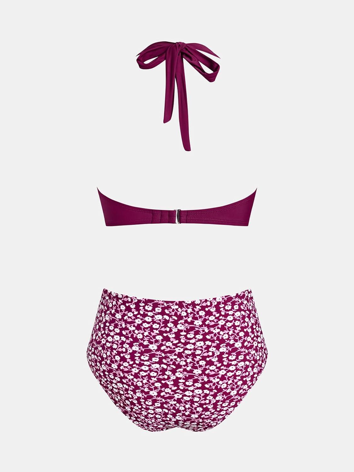imageCUPSHE Womens Bikini Sets Two Piece Bathing Suit High Waisted V Neck Halter Front Twist Back Hook TexturedDeep Plum PurpleDitsy