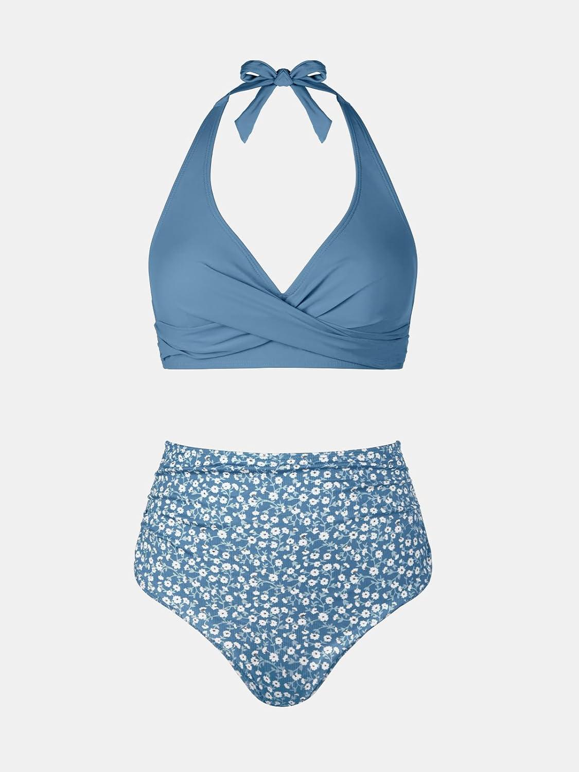 imageCUPSHE Womens Bikini Sets Two Piece Bathing Suit High Waisted V Neck Halter Front Twist Back Hook TexturedGrey BlueFloral