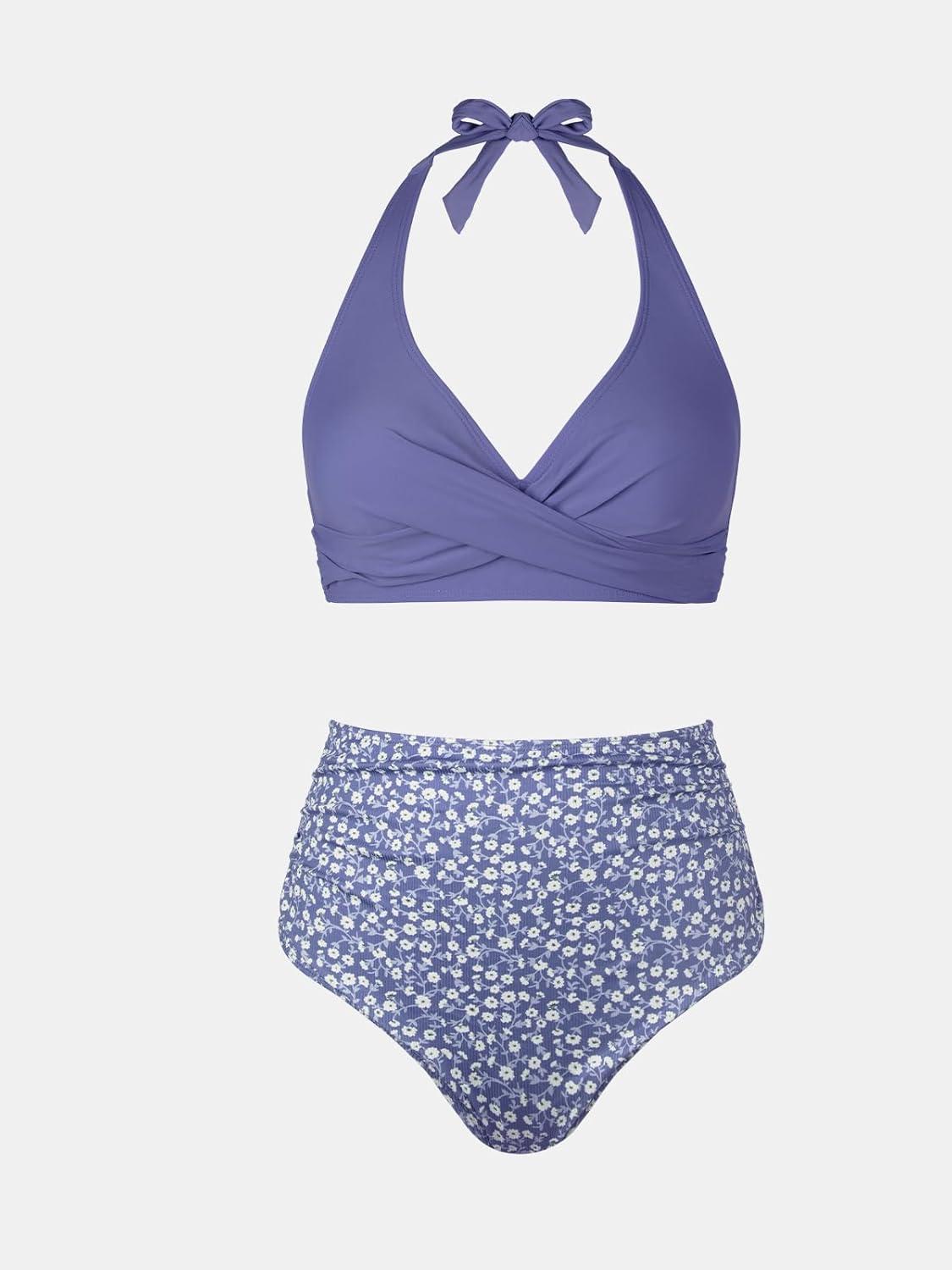 imageCUPSHE Womens Bikini Sets Two Piece Bathing Suit High Waisted V Neck Halter Front Twist Back Hook TexturedLavender PurpleDitsy