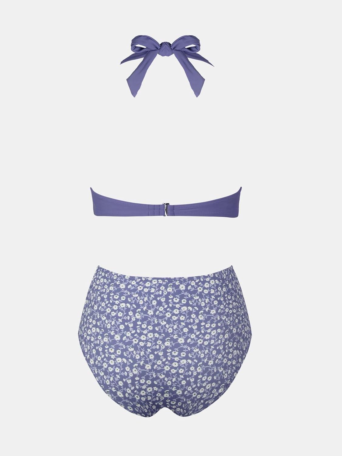 imageCUPSHE Womens Bikini Sets Two Piece Bathing Suit High Waisted V Neck Halter Front Twist Back Hook TexturedLavender PurpleDitsy