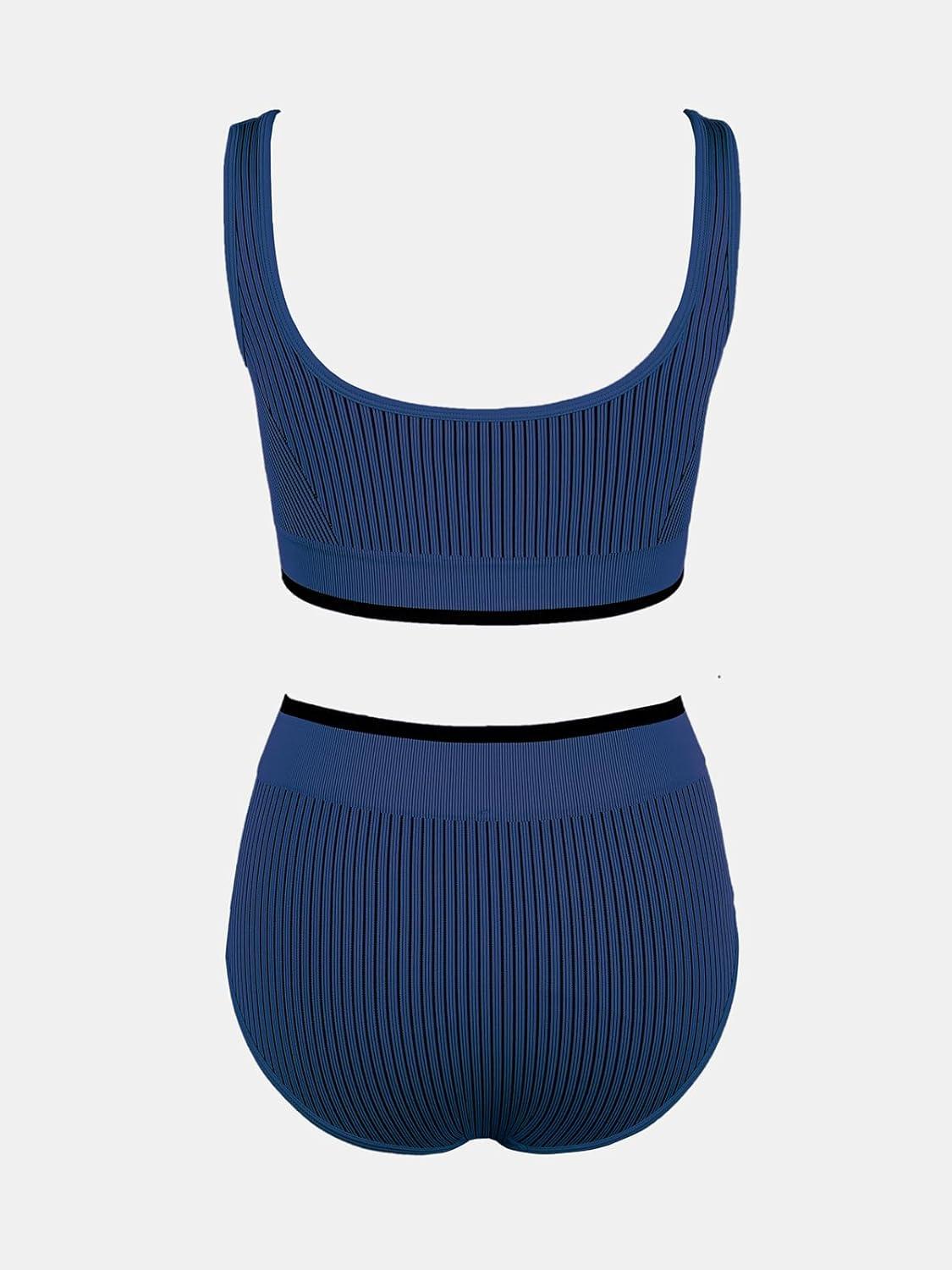 imageCUPSHE Womens Bikini Sets Two Piece Swimsuit High Waisted Scoop Neck Wide Straps Bathing SuitNavy Blue