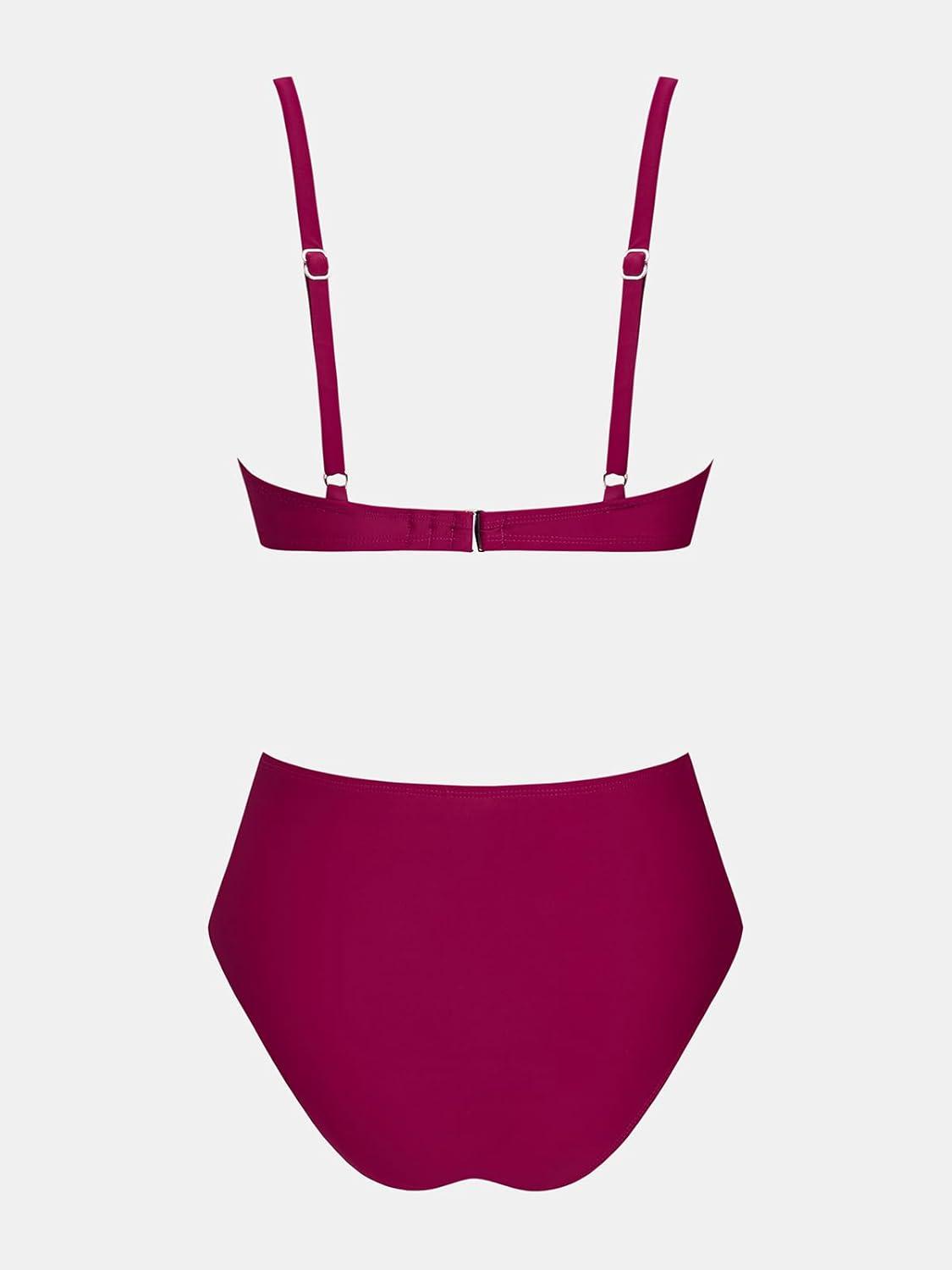 imageCUPSHE Womens Bikini Sets Two Piece Swimsuit V Neck Cut Out Bathing Suit Mid Rise Back Hook Beading TexturedPurple Red