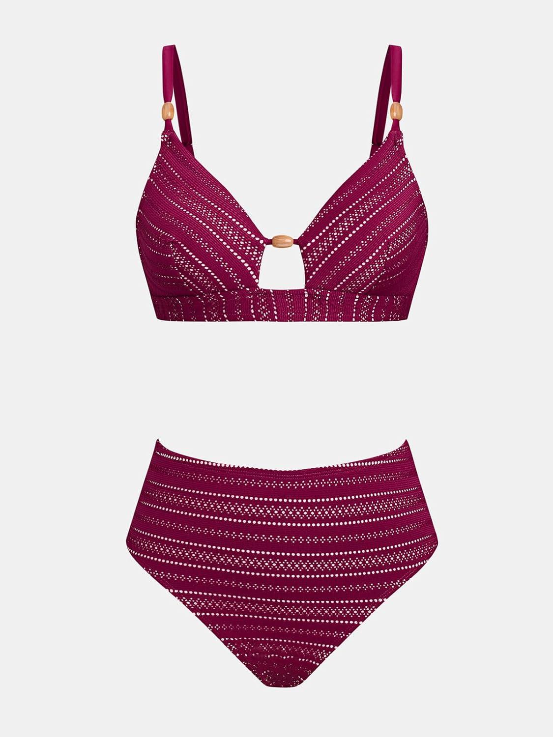 imageCUPSHE Womens Bikini Sets Two Piece Swimsuit V Neck Cut Out Bathing Suit Mid Rise Back Hook Beading TexturedPurple Red
