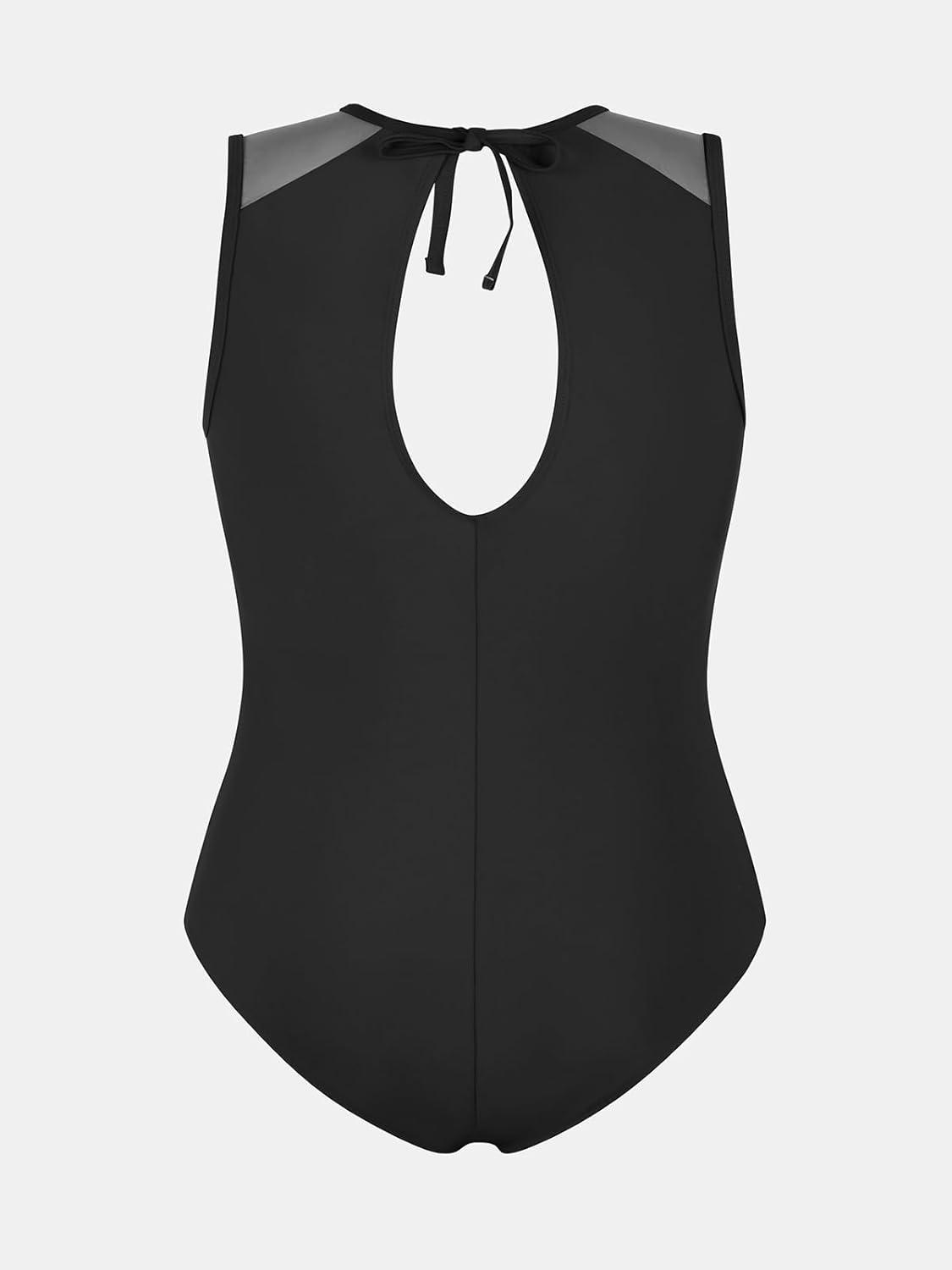 imageCUPSHE Womens One Piece Swimsuit Plus Size Bathing Suit Mesh Crew Neck Swimwear Back TieBlack