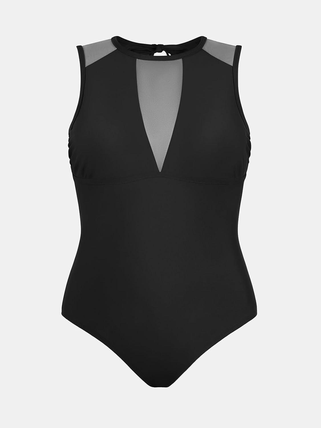 imageCUPSHE Womens One Piece Swimsuit Plus Size Bathing Suit Mesh Crew Neck Swimwear Back TieBlack