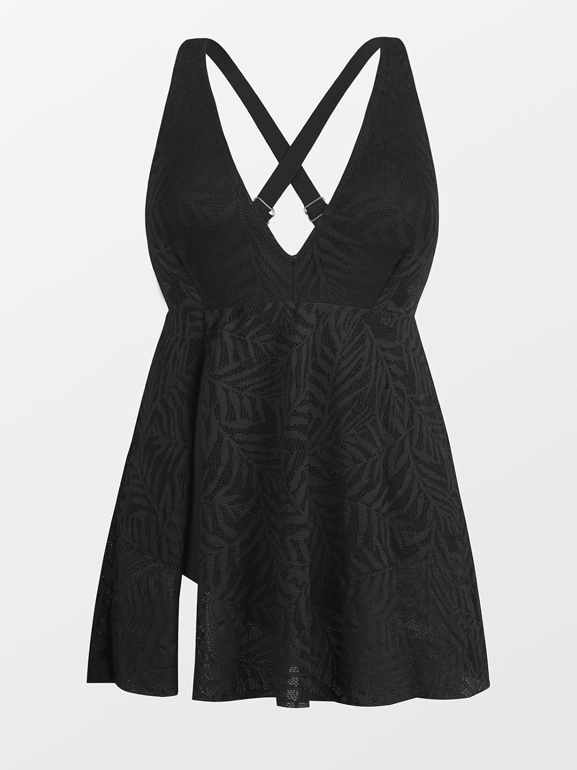 imageCUPSHE Womens One Piece Swimsuit Plus Size Bathing Suit Mesh Hollow Out Cross Back Split Swim Dress Leaf TextureBlack